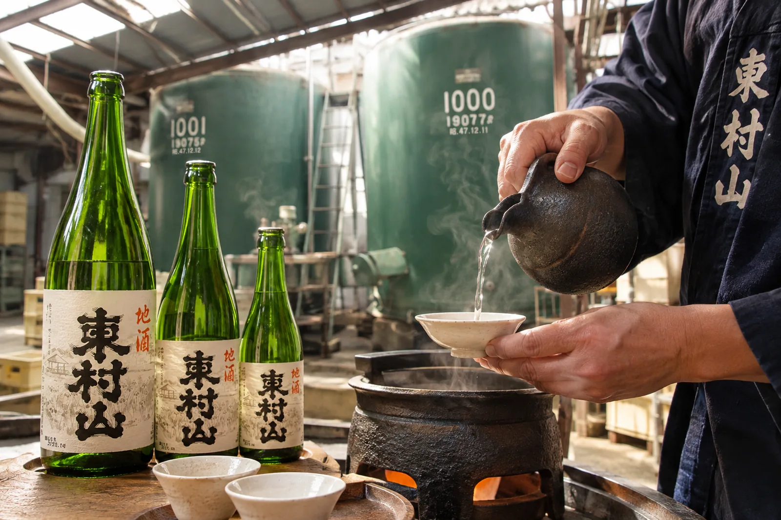 仕込みタンクの前で燗をつけるお燗番と、東村山の地酒（イメージ）